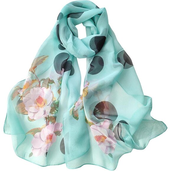 Women's Lake Blue Fashion Lightweight Head Scarf Floral Print Chiffon Scarves - Picture 2 of 7